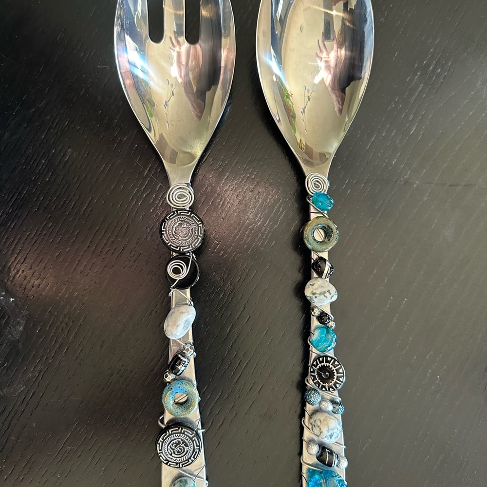 Cambridge Stainless Steel Salad Servers Beaded Wire Wrapped Handle Boho Artisan
